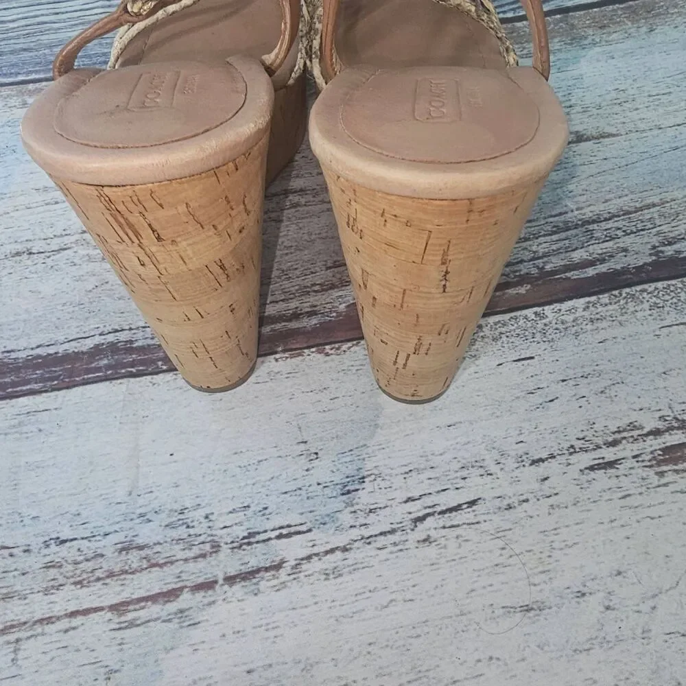Coach Sandal Womens 9.5 Beige Tan Cork Wedge Braided Straps Open Toe Chic - Picture 7 of 13
